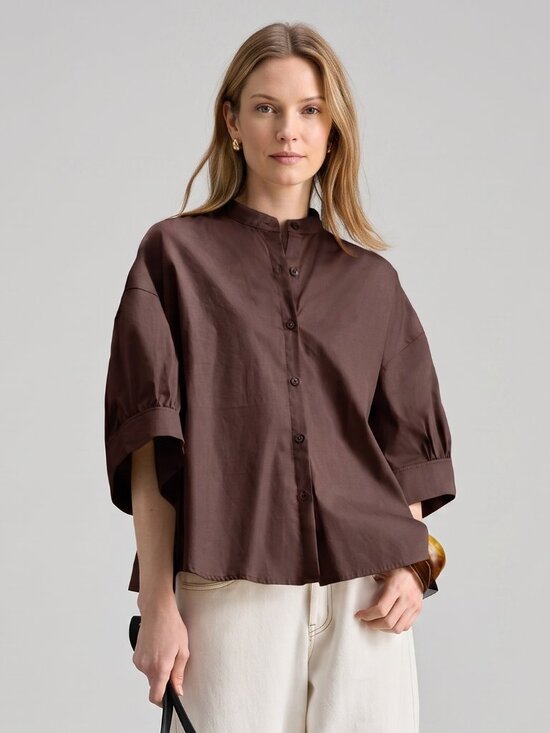 Tops - Women's Brown Cotton Button Front Cropped Top 3/4 Sleeve Casual Blouse
